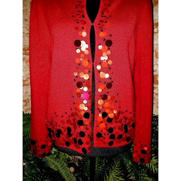 Ruby Rd. Red Sequin Detail Long Sleeve Knit Cardigan - Picture 10 of 16